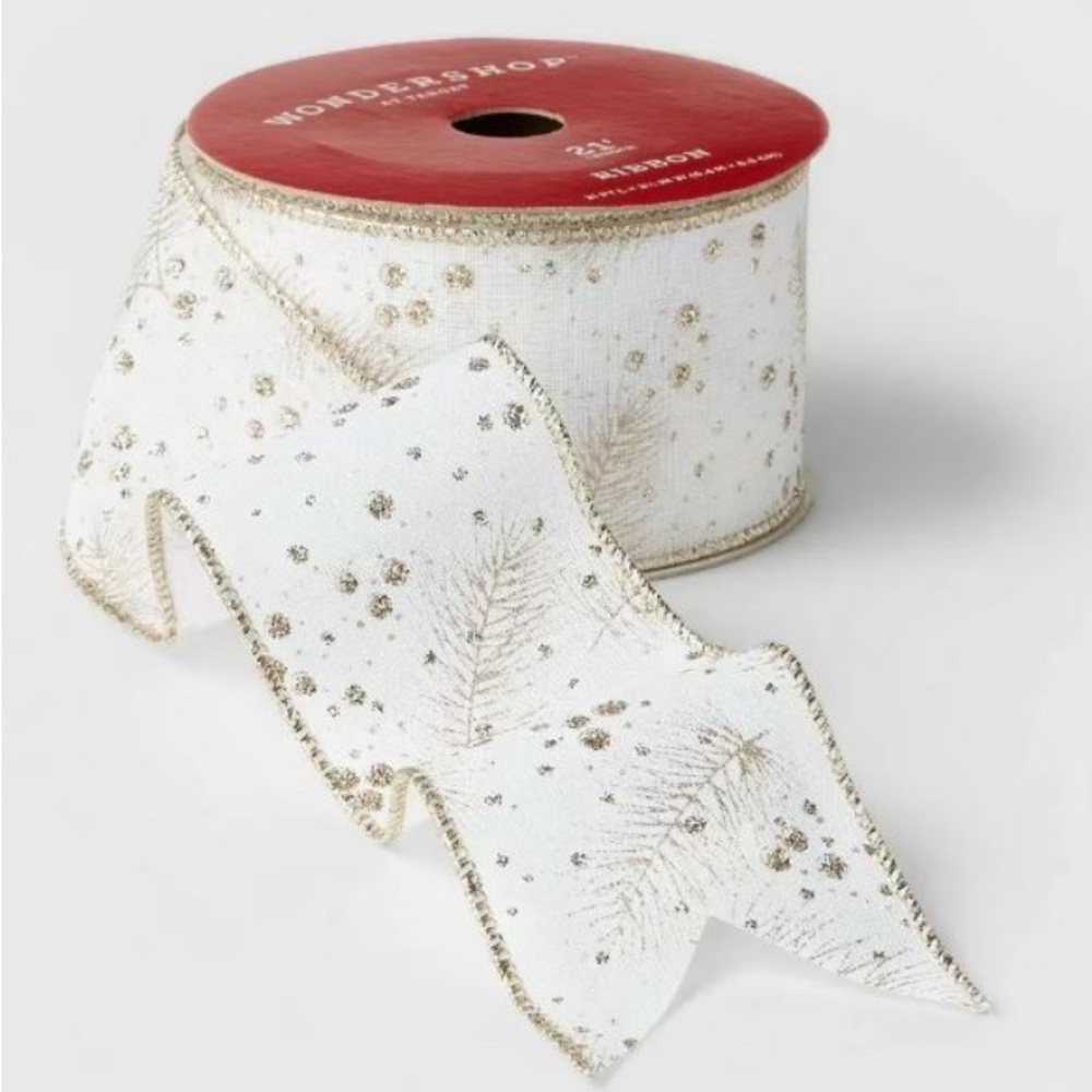 New 2.5" White with Gold Sparkle Accents Ribbon 21” - Wondershop